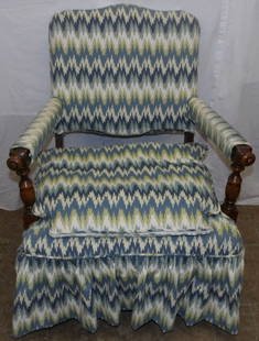 Walnut & Upholstered Arm Chair: Walnut & Upholstered Arm Chair . 35" H 26 1/2" W 24" D ALL DESCRIPTIONS AND ANY CONDITION STATEMENT GIVEN BY LANGSTON AUCTION GALLERY ARE STRICTLY OPINIONS AND LANGSTON'S SHALL HAVE NO RESPONSIBILITY