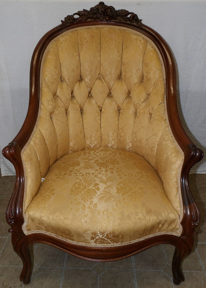 Carved Walnut Victorian Upholstered Tub Chair (1 of 3)