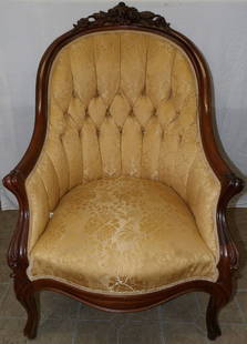 Carved Walnut Victorian Upholstered Tub Chair: Carved Walnut Victorian Upholstered Tub Chair . 41 1/2" H 26" W 32" D ALL DESCRIPTIONS AND ANY CONDITION STATEMENT GIVEN BY LANGSTON AUCTION GALLERY ARE STRICTLY OPINIONS AND LANGSTON'S SHALL HAVE NO