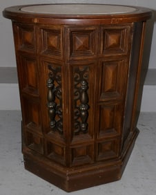 Round Mid Century Modern Walnut Marble Top One Door Stand