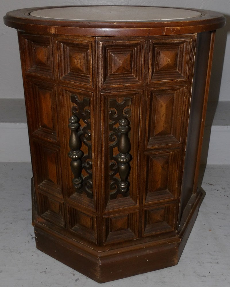 Round Mid Century Modern Walnut Marble Top One Door Stand (1 of 4)