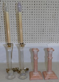 Pair of Glass Candlesticks Made Into Lamps & Pair of Ceramic Candlesticks