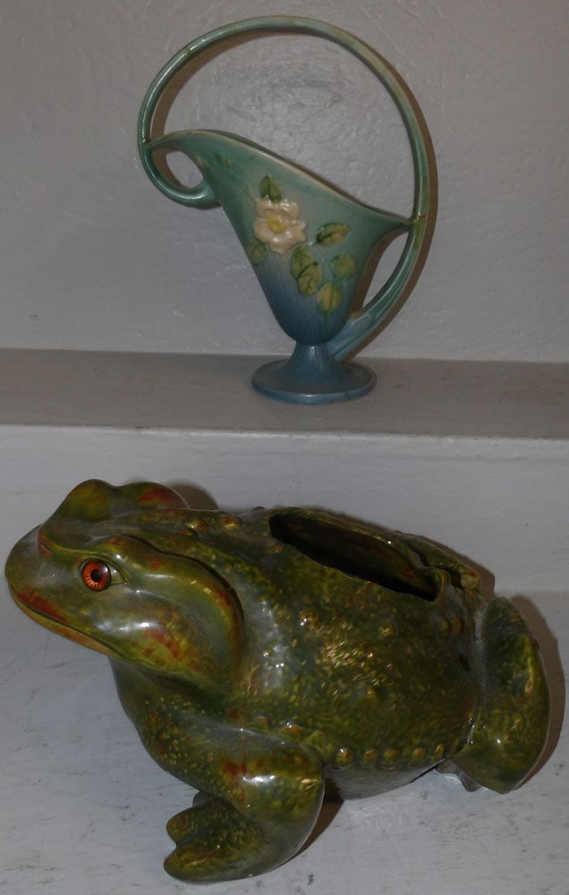 Roseville White Rose Basket, (Handle Has Restoration), & Glazed Frog Jardiniere (1 of 7)
