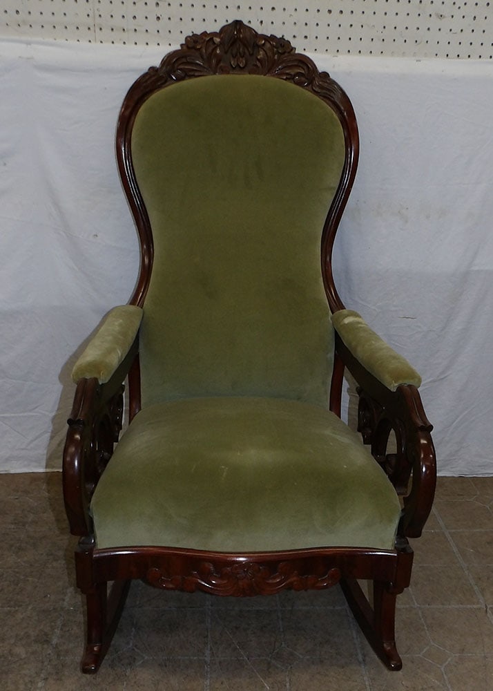 Antique Carved Mahogany Victorian Lincoln Style Rocker: Antique Carved Mahogany Victorian Lincoln Style Rocker . 48" H 24" W 26" D ALL DESCRIPTIONS AND ANY CONDITION STATEMENT GIVEN BY LANGSTON AUCTION GALLERY ARE STRICTLY OPINIONS AND LANGSTON'S SHALL HAV