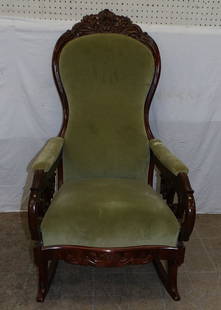 Antique Carved Mahogany Victorian Lincoln Style Rocker: Antique Carved Mahogany Victorian Lincoln Style Rocker . 48" H 24" W 26" D ALL DESCRIPTIONS AND ANY CONDITION STATEMENT GIVEN BY LANGSTON AUCTION GALLERY ARE STRICTLY OPINIONS AND LANGSTON'S SHALL HAV
