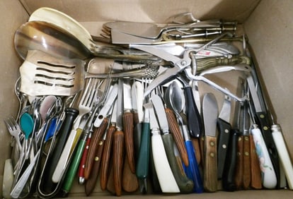 Lot of Sheffield, Kitchen Knives, Serving Pieces, Silverplate & Stainless Steel Flatware