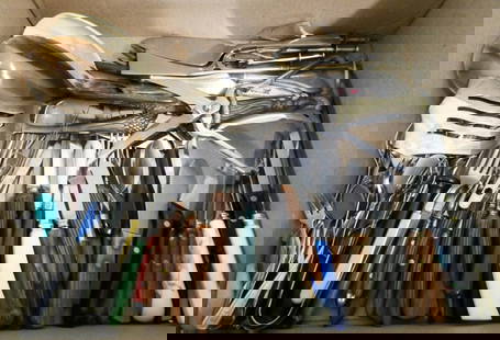 Lot of Sheffield, Kitchen Knives, Serving Pieces, Silverplate & Stainless Steel Flatware: Lot of Sheffield, Kitchen Knives, Serving Pieces, Silverplate & Stainless Steel Flatware. Up to 12" L ALL DESCRIPTIONS AND ANY CONDITION STATEMENT GIVEN BY LANGSTON AUCTION GALLERY ARE STRICTLY OPINIO