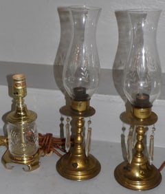 Pair of Cut Shade Brass Lamps with Prisms & Waterford Style Dresser Lamp