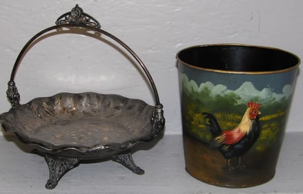 Antique Silverplated Brides Basket by James M Tufts & Tole Decorated Bucket with Rooster Motif