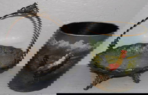 Antique Silverplated Brides Basket by James M Tufts & Tole Decorated Bucket with Rooster Motif: Antique Silverplated Brides Basket by James M Tufts & Tole Decorated Bucket with Rooster Motif. Up to 4" H 10" Dia. ALL DESCRIPTIONS AND ANY CONDITION STATEMENT GIVEN BY LANGSTON AUCTION GALLERY ARE S