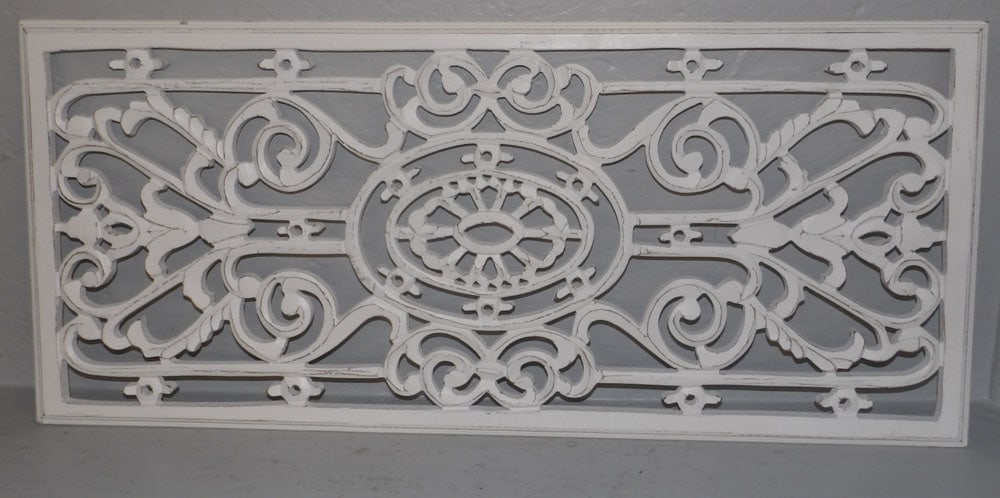 Ornate Distress Painted Open Work Wood Wall Element: Ornate Distress Painted Open Work Wood Wall Element . 36" x 16" ALL DESCRIPTIONS AND ANY CONDITION STATEMENT GIVEN BY LANGSTON AUCTION GALLERY ARE STRICTLY OPINIONS AND LANGSTON'S SHALL HAVE NO RESPON