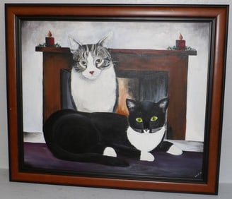 Oil on Canvas of Two Cats in Front of Fire Place Mantel Artist Signed