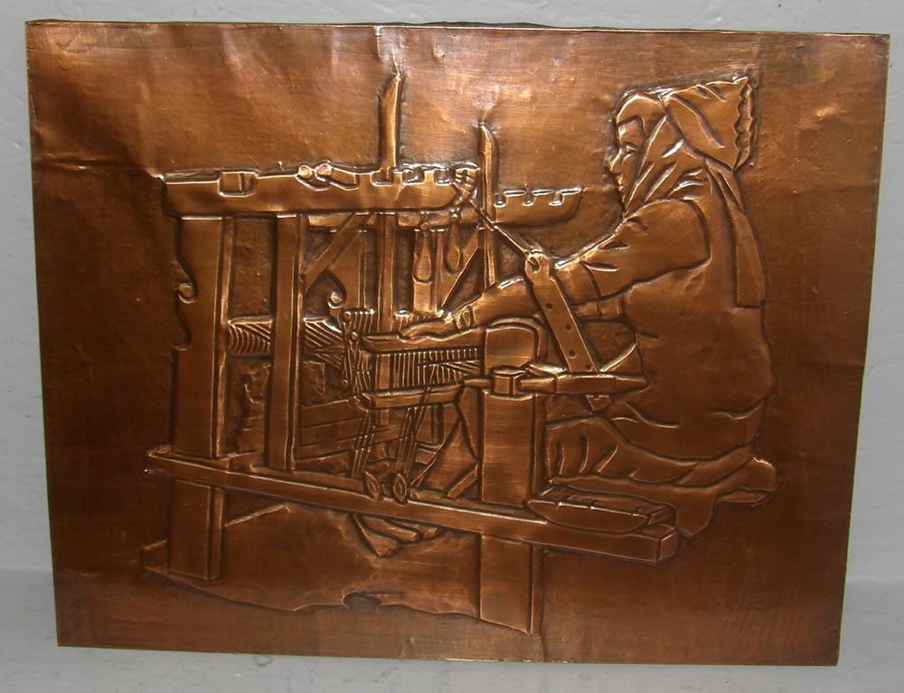 Copper Embossed Relief Wall Plaque of Person Working At Loom (1 of 4)