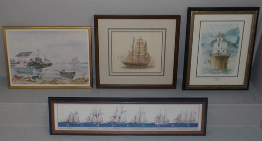 Lot of Four Framed Nautical Prints, Three of Clipper Ships or Schooners
