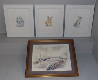 Lot of Three Baby Rabbit Prints & Framed Water Bridge Scene in France