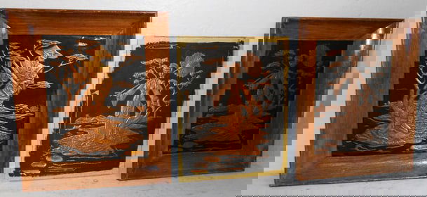 Three Copper High Relief Plaques, (One Unframed)