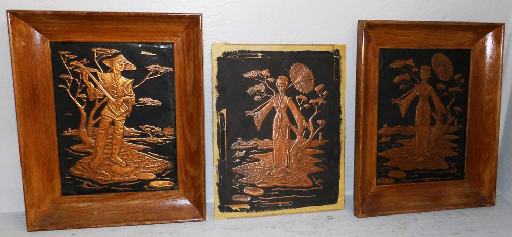 Three Copper High Relief Plaques, (One Unframed): Three Copper High Relief Plaques, (One Unframed). 13" x 16" ALL DESCRIPTIONS AND ANY CONDITION STATEMENT GIVEN BY LANGSTON AUCTION GALLERY ARE STRICTLY OPINIONS AND LANGSTON'S SHALL HAVE NO RESPONSIBI
