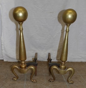 Pair of Antique Brass Cannonball Andirons