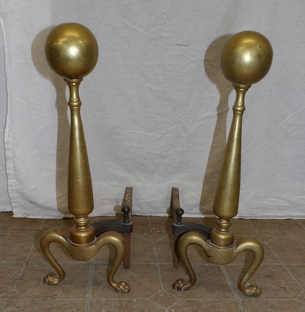 Pair of Antique Brass Cannonball Andirons (1 of 3)