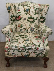 Carved Mahogany & Upholstered Wing Back Chair with Ball & Claw Feet