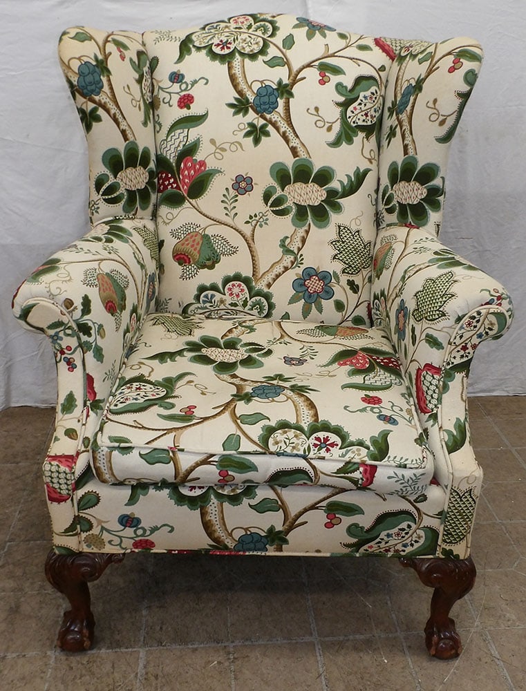 Carved Mahogany & Upholstered Wing Back Chair with Ball & Claw Feet: Carved Mahogany & Upholstered Wing Back Chair with Ball & Claw Feet. 39 1/2" H 32" W 36" D ALL DESCRIPTIONS AND ANY CONDITION STATEMENT GIVEN BY LANGSTON AUCTION GALLERY ARE STRICTLY OPINIONS AND LANG