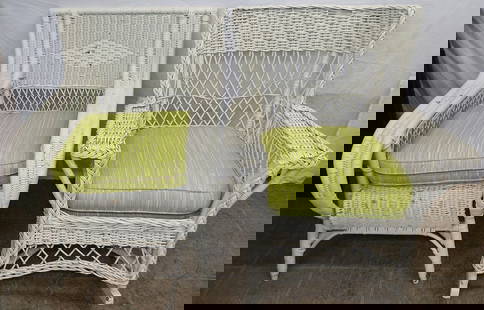 Two Painted Antique Wicker Arm Chairs: Two Painted Antique Wicker Arm Chairs . Up to 36" H 30" W 23" D ALL DESCRIPTIONS AND ANY CONDITION STATEMENT GIVEN BY LANGSTON AUCTION GALLERY ARE STRICTLY OPINIONS AND LANGSTON'S SHALL HAVE NO RESPON