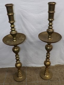 Pair of Large Brass Mid Drip Candlesticks
