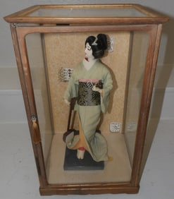 Oriental Doll in Wood & Glass Case