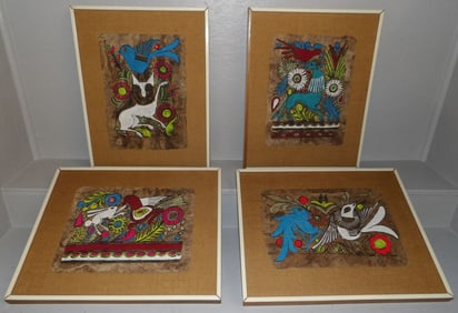 Set of Four Framed Paintings on Bark