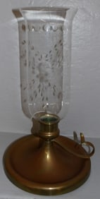 Antique Brass Candlestick with Etched Glass Shade & Press Glass Cake Stand
