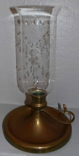 Antique Brass Candlestick with Etched Glass Shade & Press Glass Cake Stand: Antique Brass Candlestick with Etched Glass Shade & Press Glass Cake Stand . Up to 14" H 8" Dia. ALL DESCRIPTIONS AND ANY CONDITION STATEMENT GIVEN BY LANGSTON AUCTION GALLERY ARE STRICTLY OPINIONS AN