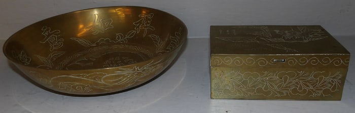 Oriental Brass Bowl & Oriental Brass Box Signed with Character Marks