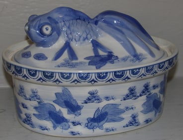 Chinese Blue & White Porcelain Koi Fish Handle & Motif Covered Tureen