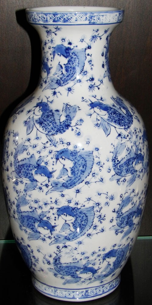 Chinese Blue & White Porcelain Koi Fish Motif Vase (1 of 4)