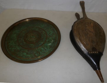Painted Brass Tray & Carved Wood Bellow