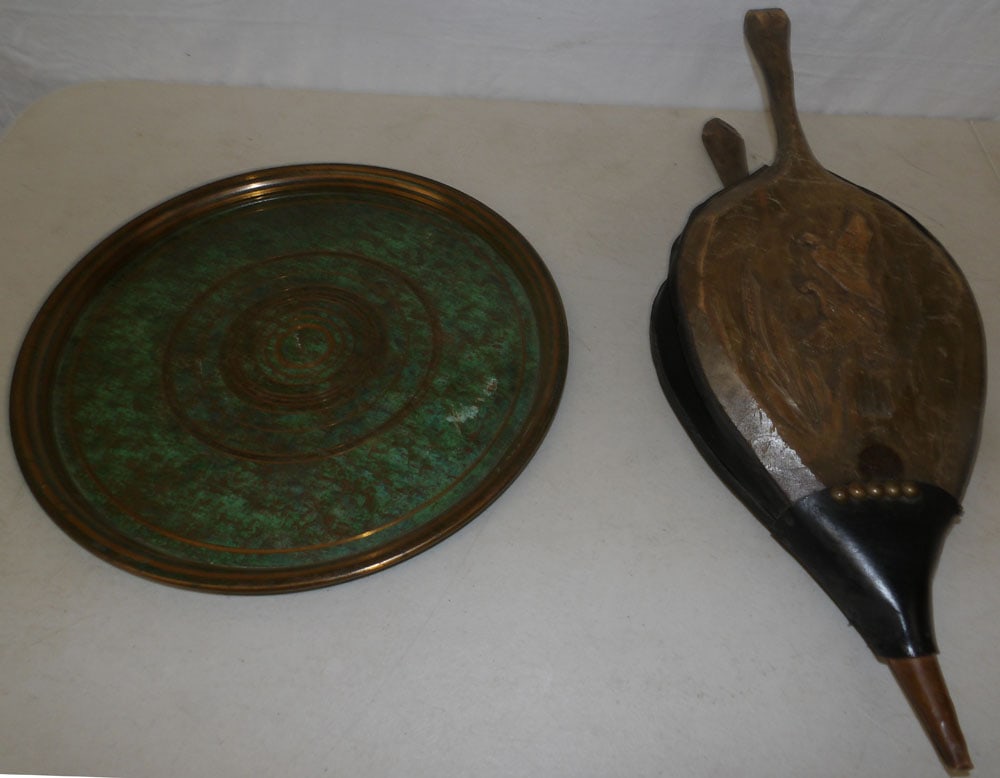 Painted Brass Tray & Carved Wood Bellow: Painted Brass Tray & Carved Wood Bellow . Up to 22" L ALL DESCRIPTIONS AND ANY CONDITION STATEMENT GIVEN BY LANGSTON AUCTION GALLERY ARE STRICTLY OPINIONS AND LANGSTON'S SHALL HAVE NO RESPONSIBILITY F