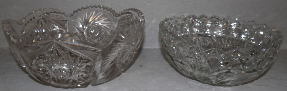 Two Antique Cut Glass Bowls: Two Antique Cut Glass Bowls. Up to 4" H 9" Dia. ALL DESCRIPTIONS AND ANY CONDITION STATEMENT GIVEN BY LANGSTON AUCTION GALLERY ARE STRICTLY OPINIONS AND LANGSTON'S SHALL HAVE NO RESPONSIBILITY FOR ERR