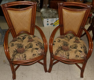Pair of Modern Rattan & Leather Wrapped Arm Chairs