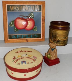 Cast Iron Teddy Bear Door Stop, Metal Paint Decorated Can, Country Paint Decorated Box, & Apples