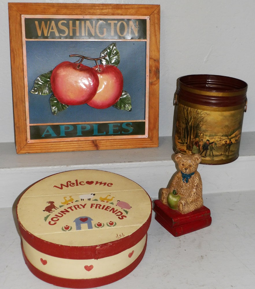 Cast Iron Teddy Bear Door Stop, Metal Paint Decorated Can, Country Paint Decorated Box, & Apples (1 of 5)