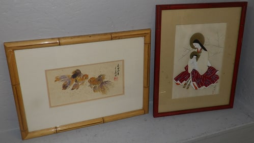 Two Oriental Watercolors Signed with Character Marks in Bamboo Frames