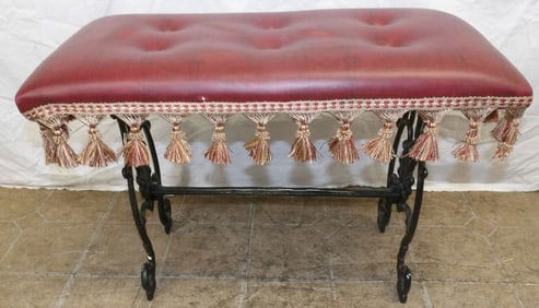 Painted Cast Iron & Faux Leather Top Bench