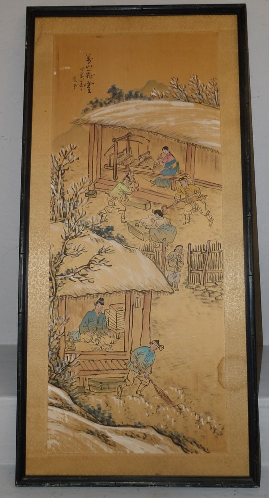 Framed Oriental Watercolor on Silk: Framed Oriental Watercolor on Silk. 38 1/4" x 18 1/4" ALL DESCRIPTIONS AND ANY CONDITION STATEMENT GIVEN BY LANGSTON AUCTION GALLERY ARE STRICTLY OPINIONS AND LANGSTON'S SHALL HAVE NO RESPONSIBILITY F