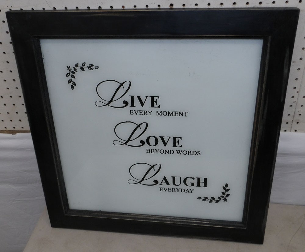 Painted Glass Sign: Painted Glass Sign. 23 3/4" Dia. ALL DESCRIPTIONS AND ANY CONDITION STATEMENT GIVEN BY LANGSTON AUCTION GALLERY ARE STRICTLY OPINIONS AND LANGSTON'S SHALL HAVE NO RESPONSIBILITY FOR ERRORS OR OMISSION