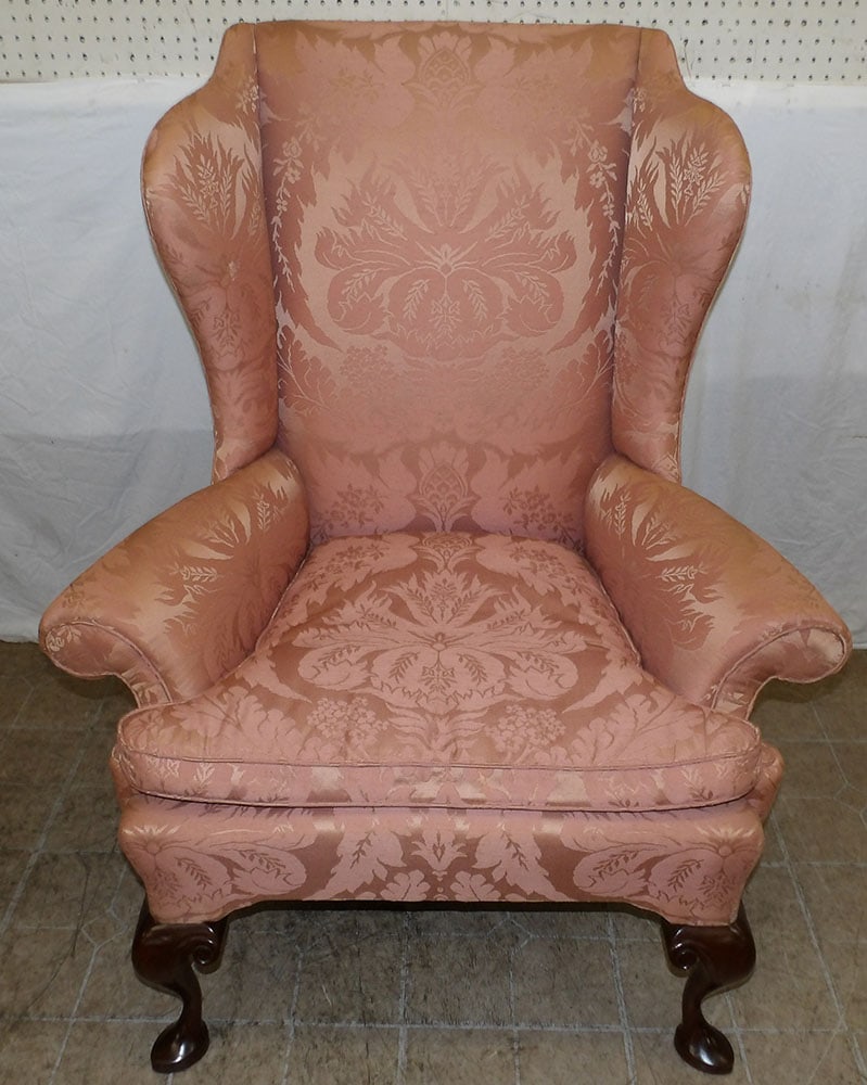 Mahogany & Upholstered Wing Back Chair: Mahogany & Upholstered Wing Back Chair . 46 1/4" H 38" W 32" D ALL DESCRIPTIONS AND ANY CONDITION STATEMENT GIVEN BY LANGSTON AUCTION GALLERY ARE STRICTLY OPINIONS AND LANGSTON'S SHALL HAVE NO RESPONS