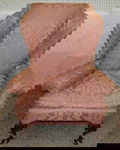 Mahogany & Upholstered Wing Back Chair: Mahogany & Upholstered Wing Back Chair . 46 1/4" H 38" W 32" D ALL DESCRIPTIONS AND ANY CONDITION STATEMENT GIVEN BY LANGSTON AUCTION GALLERY ARE STRICTLY OPINIONS AND LANGSTON'S SHALL HAVE NO RESPONS