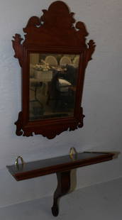 Antique Mahogany Chippendale Framed Mirror & Colonial Williamsburg Mahogany Wall Bracket: Antique Mahogany Chippendale Framed Mirror & Colonial Williamsburg Mahogany Wall Bracket. Up to 17 3/4" x 11" ALL DESCRIPTIONS AND ANY CONDITION STATEMENT GIVEN BY LANGSTON AUCTION GALLERY ARE STRICTL