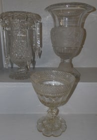 Anglo Irish Cut Pedestal Vase, Luster with Prisms, & Large Urn, (All As Is)
