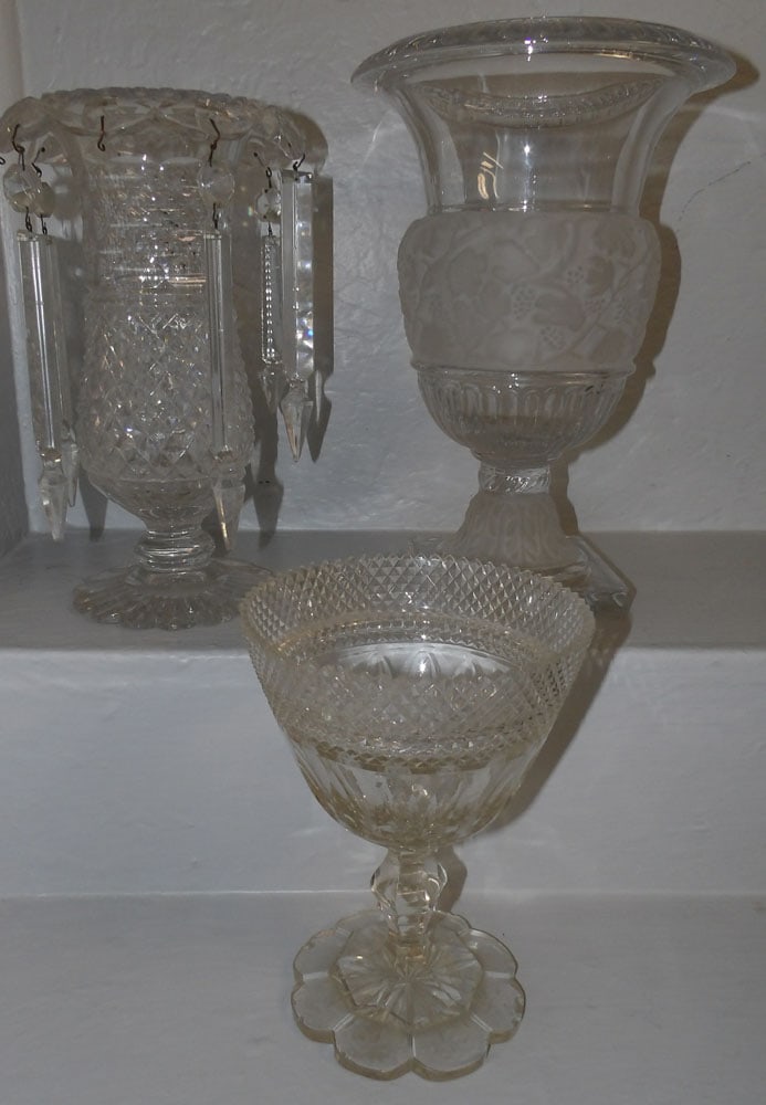 Anglo Irish Cut Pedestal Vase, Luster with Prisms, & Large Urn, (All As Is) (1 of 4)