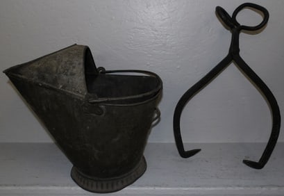 Antique Tole Coal Scuttle & Cast Iron Ice Tongs